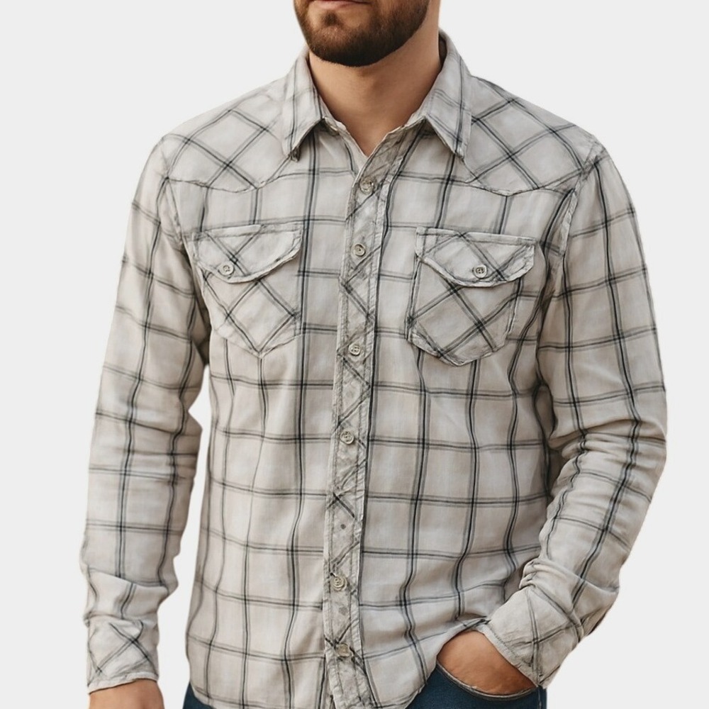 BKE Men's‎ Western Snap Shirt XL White Gray Plaid Long Sleeve Pearl Snaps Cotton